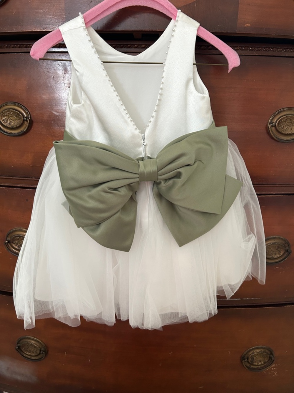 Ivory Tulle Flower Girl Dress with Green Sash - Picture 2 of 7